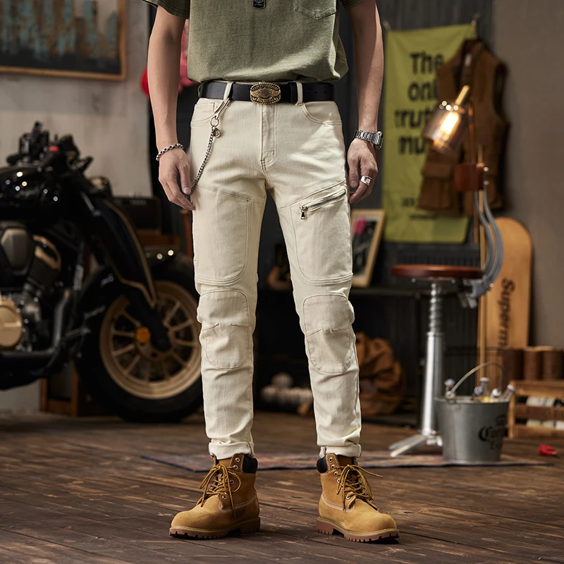 High-End Washed Stitching Zipper Men's Jeans Beige Trendy Pu Handsome Motorcycle Slim Straight Stretch Feet Pants