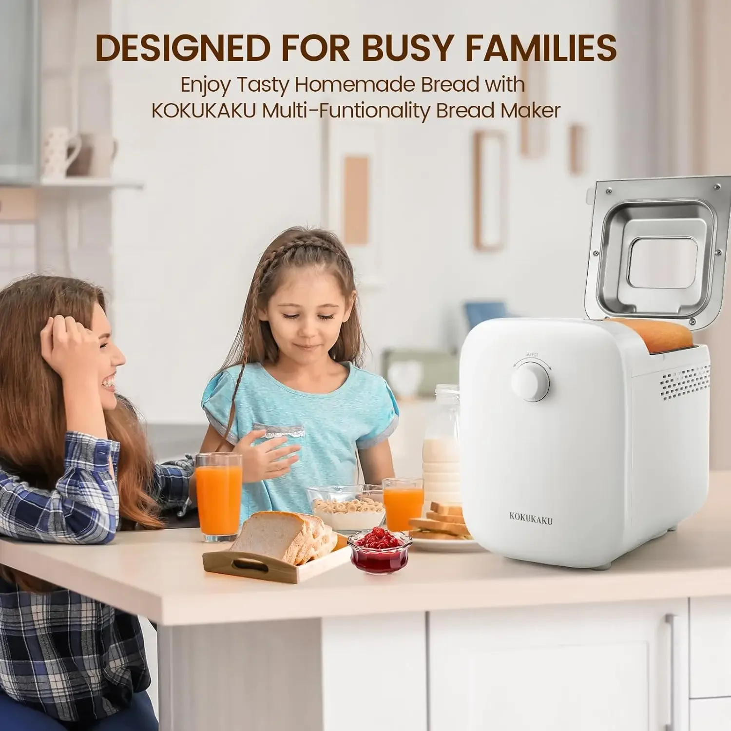 Automatic Bread Maker Machine, 1LB/1.5LB Programmable 2 Loaf Sizes, 3 Crust Colors, Small Digital Home Bakery with Dough, Cake, 5