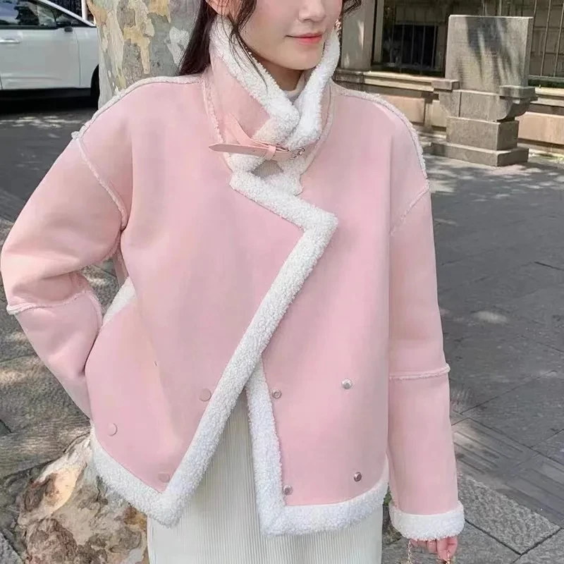 

2023 new winter thickening Korean high-grade imitation deerskin wool sheep patchwork short coat jacket for women