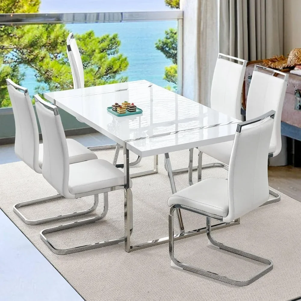 Set of dining table for 6 people, leather dining chairs, modern gold-framed dining room with gold-framed white rectangular table