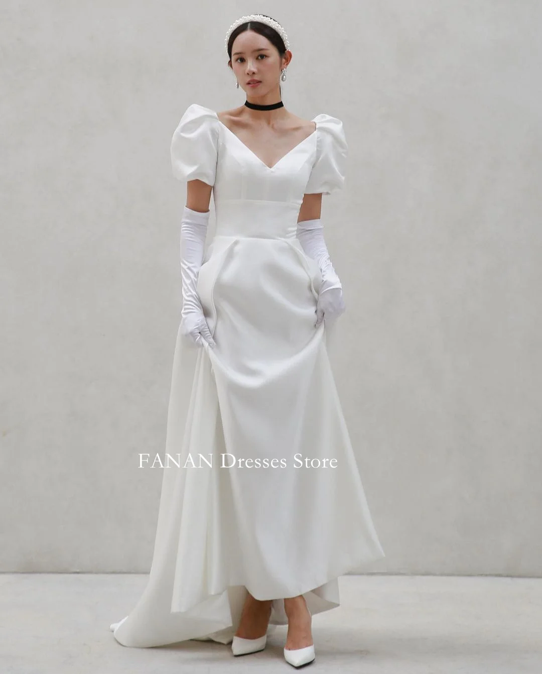 

FANAN Puff Sleeves Korea A-Line V-Neck Ruched Satin Wedding Dresses 웨딩드레스 Custom Made Corset Elegant Bride Gowns Plus Size