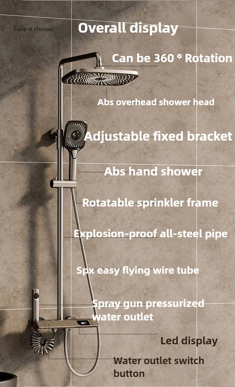 Aircraft Carrier Alloy Shower Shower Set Household Bathroom Piano Button Pressurized Nozzle Shower Set with Digital Display 6