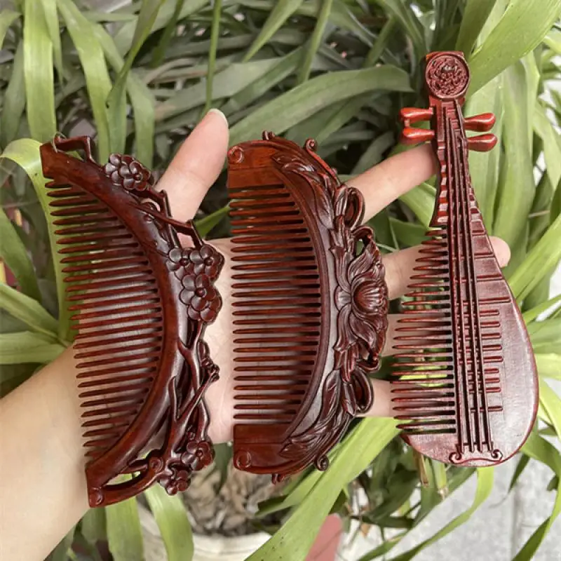 

Natural Rhinoceros Horn Small Leaf Red Sandalwood Carved Wood Comb Retro Style Massage Comb Gifts with comb