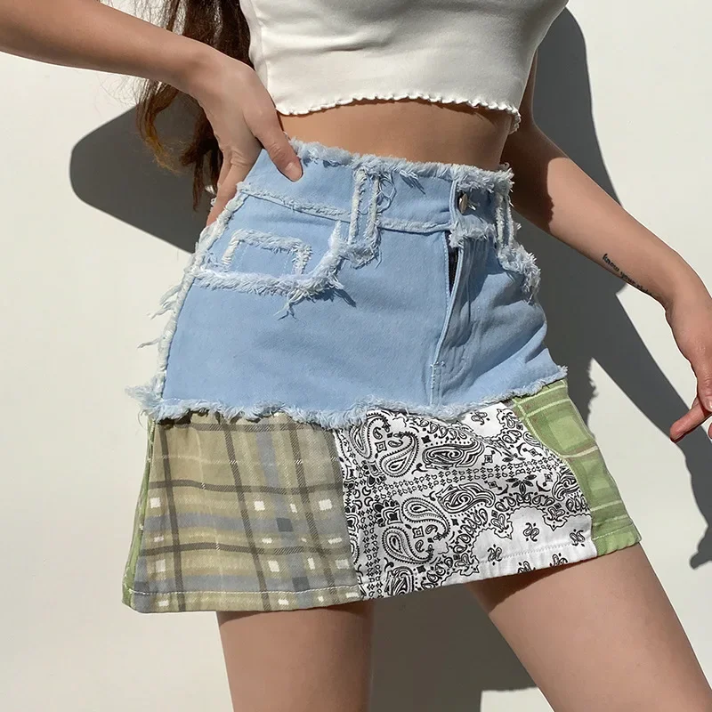 A Line Patchwork Cotton Denim High Waist Skirts with Pockets Autumn Streetwear Color Block Zipper Women Sexy Mini Skirt Harajuku high quality three stage whole house water filtration system with sediment gac carbon block 3 4 inlet