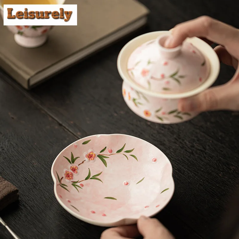 90ml Hand-painted Peach Blossom Gaiwan Handmade Tea Tureen Tea Bowl With Lid Kit Tea Brewing Cover Bowl Chinese Tea Set Gifts