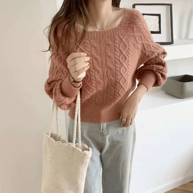 Fashion New Square Collar Women's Autumn and Winter Lantern Sleeve Sweater Elegant Pullover Office Casual Knitwear Top