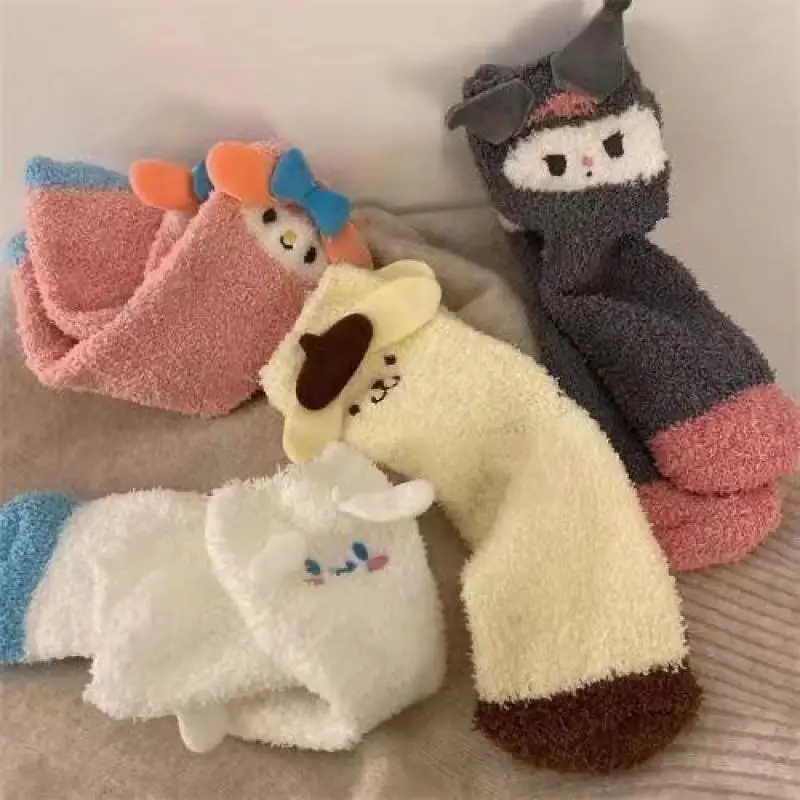 

Kawaii Sanrio Coral Plush Socks Cute Pompom Purin Breathable Thickened Insulation Cute Cartoon Sleep Floor Socks Christmas Gift