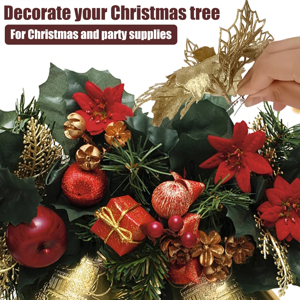 UFLF 12pcs Fleurs Artificielles Poinsettia,Fleurs De Noël à Paillettes Pour Fête De Mariage Décorations De Noël - Or + Rouge