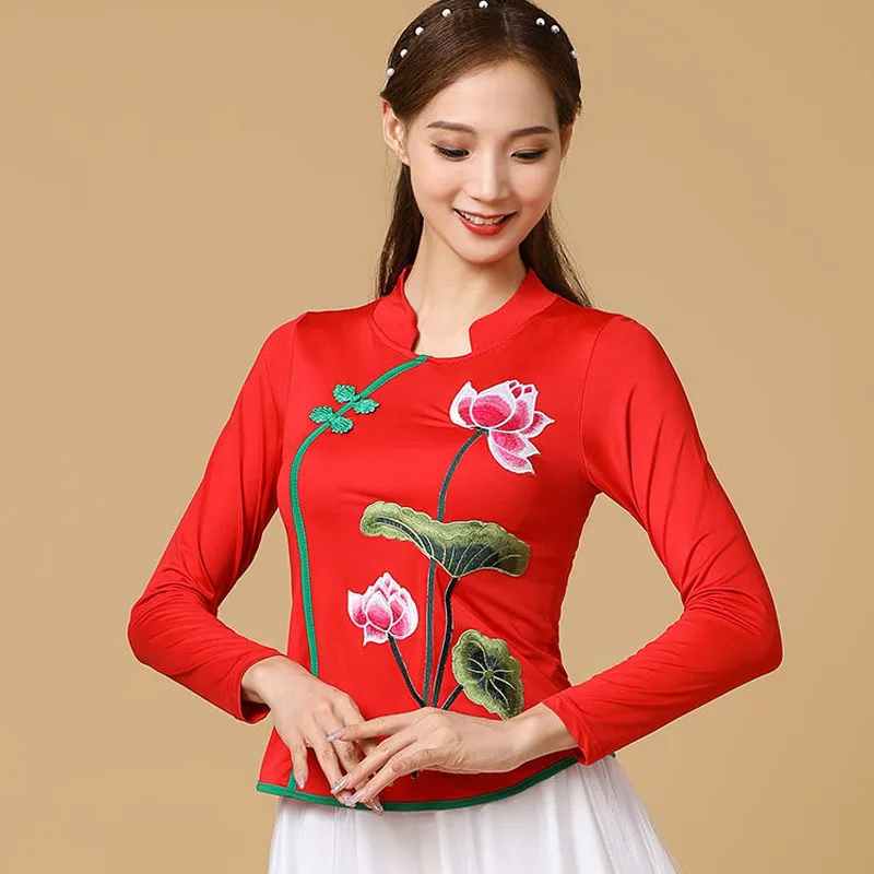 Cheongsam Women's Plus Size Short Tops Autumn Cotton Blend Mesh Splicing Embroidery Slim Chinese Style Qipao Shirts Woman
