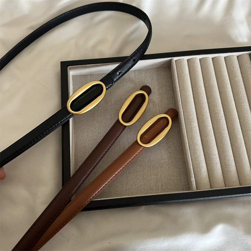 Ovaler schmaler Ledergürtel für Damen, dünner, weicher Taillengürtel mit Retro-Goldschnalle, schwarz-braune Gürtel für Jeans, Kleider, Hosen