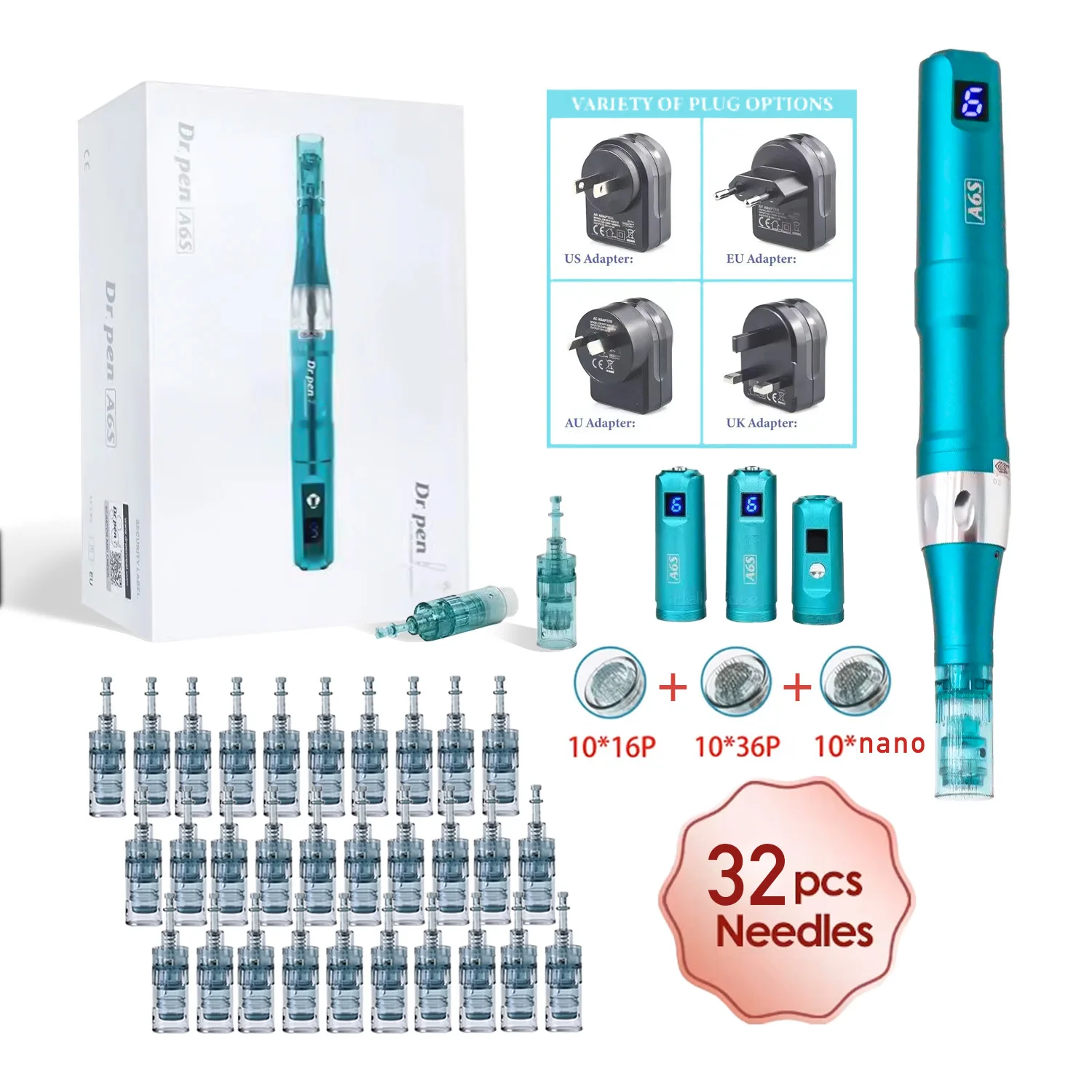 Dr. Pen Ultima A6S met 32 cartridges, draadloze professionele dermapen, huidverzorgingsapparaat, microneedling machine voor huidverjonging._voghion.com