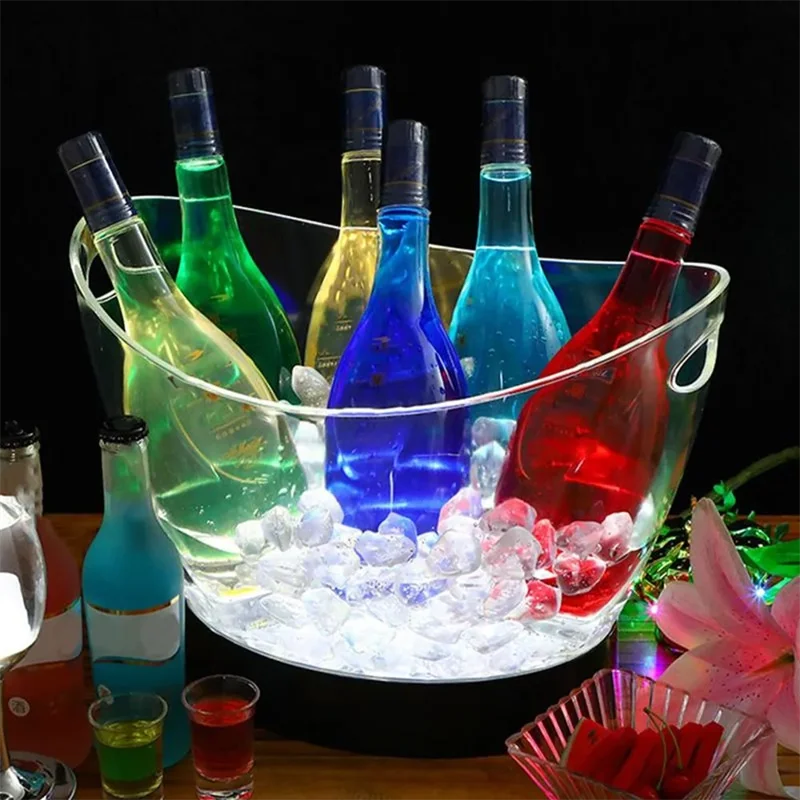 Led Rechargeable Transparent Acrylic Barrel Luminous Ice Cube Storage Buckets Wine Whisky Drink Cooler With Handle Nightclub Bar
