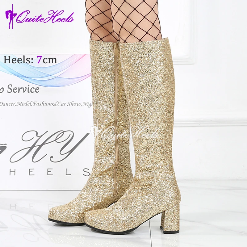 Knee High Gold Sequins Boots Shiny Glitter Knee High Costumes