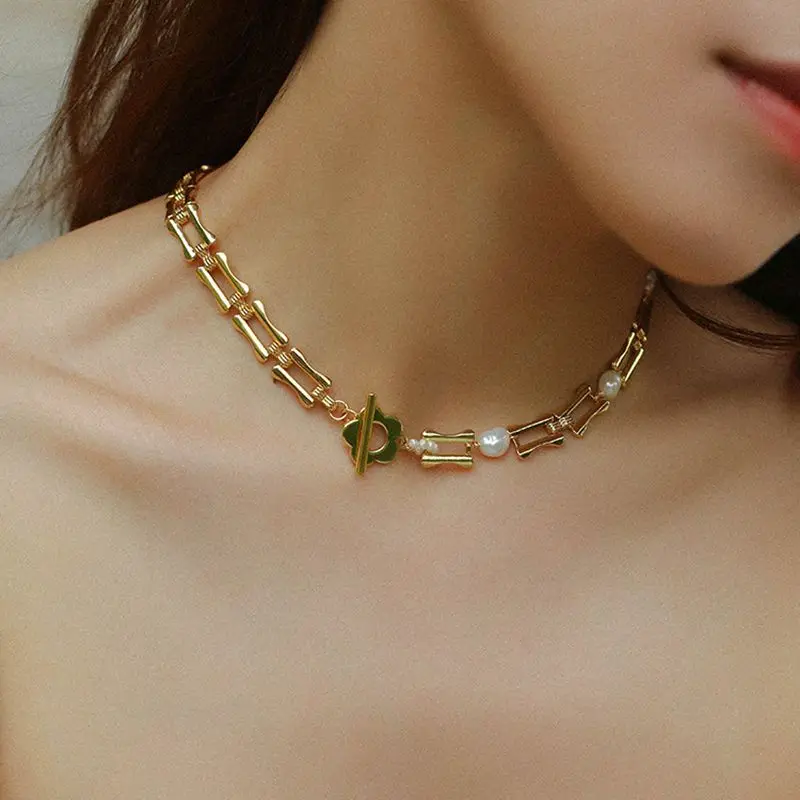 

LONDANY necklace Palace style retro bamboo chain stitching pearl necklace female trend flower ot buckle clavicle chain