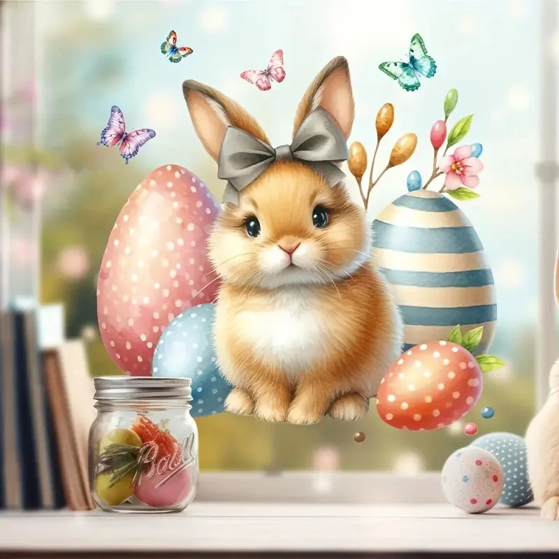 Modern Cartoon Bunny Window Stickers Reusable Self-Adhesive PVC Decals Living Room Bedroom Glass Door & Window Decor