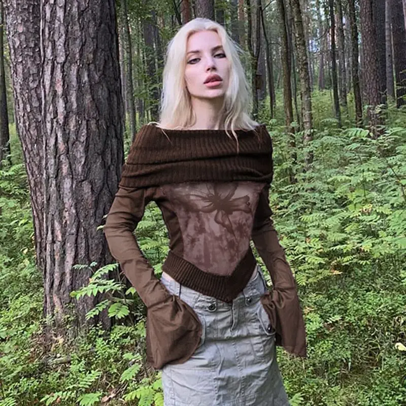 

Artist's Atmosphere Brown Maillard Long Sleeved Slimming Top Retro Long Sleeved Slim Ragged One Shoulder Knitted Shirt for Women