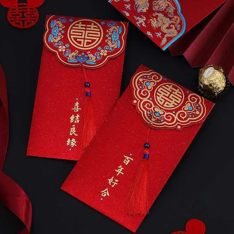 5pcs Red Wedding Mini Envelopes with Tassel Chinese Lucky Money Cash Bag Paper Envelopes Blessing Pocket Hongbao Gifts Packaging