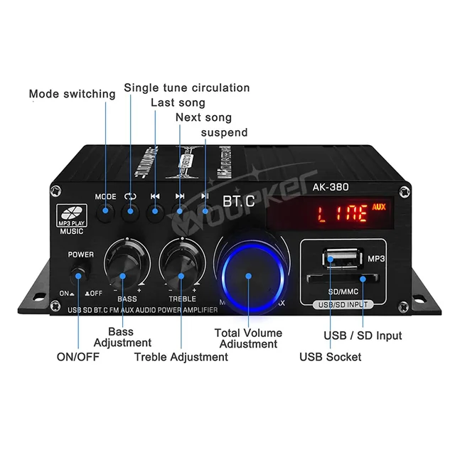 Woopker Sound Amplifier Channel 2.0 HIFI Bluetooth Amp Home Digital Audio 12V3A AK380 AK370 AK280 AK270 AK170 for Car Bass Trebl 4