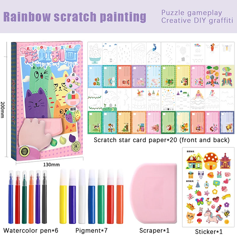 20pcs/set DIY Rainbow Scratch Art Painting Kit For Kids Funny DIY Postcards Novelty Gift For Toddler Party Activities