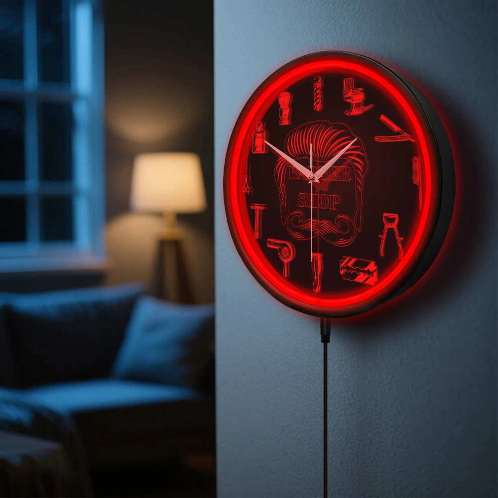 Barber Shop Red Neon Logo Metal Frame Wall Clock for Man Cave Barbering Business Sign Flexible Flex illuminated Neon Wall Clock