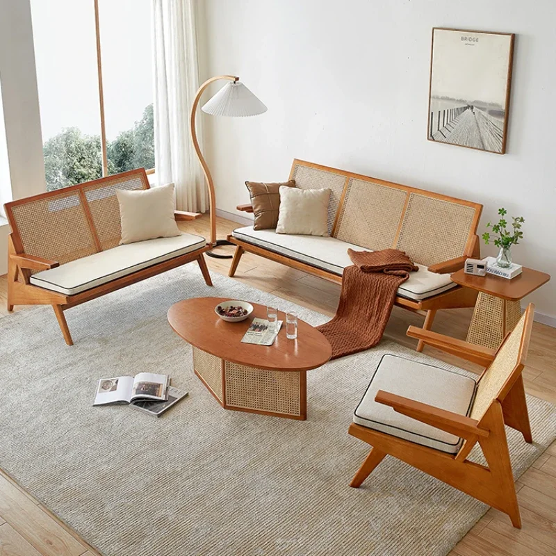 

Solid wood sofa rattan retro B&B project sofa chair single chair living room combination suit