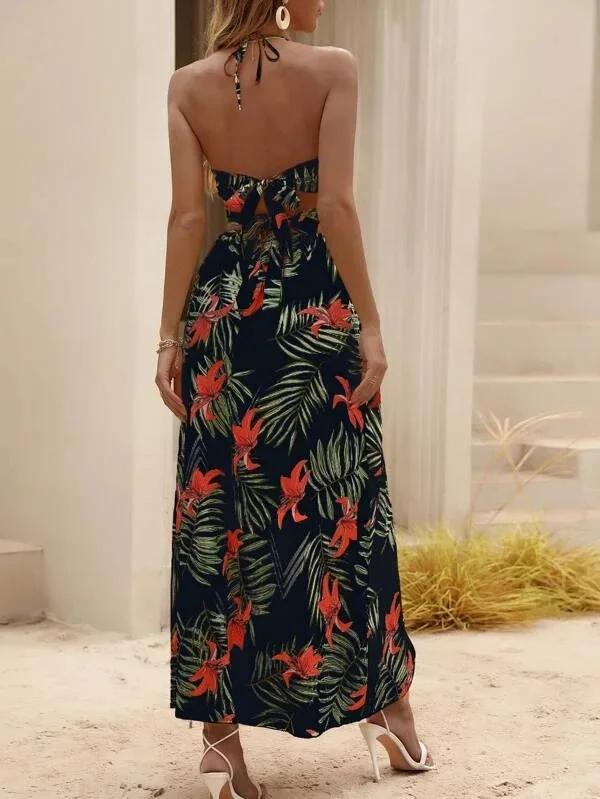 Print Halter Neck Slit Dresses Women Sexy Deep V-neck Hollow Out Backless Bowknot Leace-up Long Dress Female Streetwear Vestidos 21 undefined