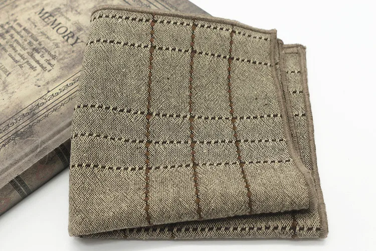 24CM Striped Brown Pocket Square British Style Cotton Linen Handkerchief Casual Plaid Cravat Tuxedo Hanky Suit Shirt Neckwear