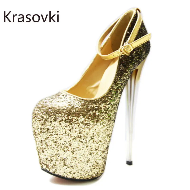 

Krasovki 19cm PU Synthetic Women Sandals Luxury Big Size Boots Dancing Summer Buckle Bling Bling Platform Sexy Elegance Shoes