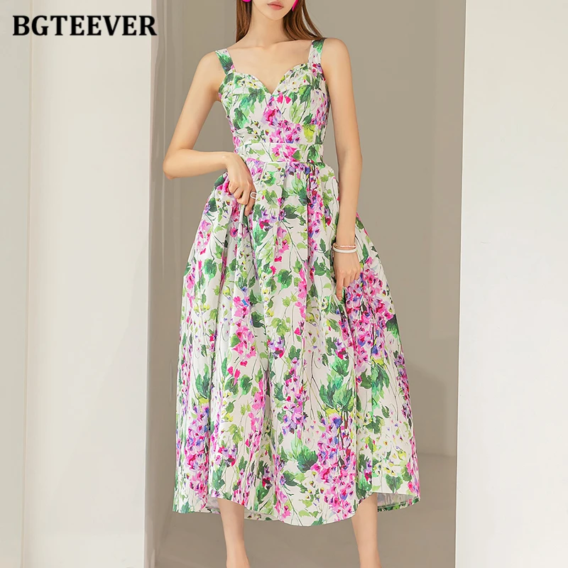 

BGTEEVER Vintage Spaghetti Strap Women Floral Mid-Length Dress Elegant Slim Waist Female Sleeveless A-line Dress Summer Vestidos