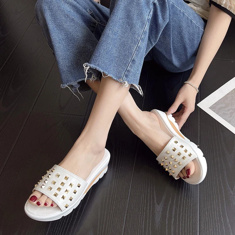 LazySeal Wedge Slides Rivet Decoration Women's Wedges Beach Casual Female Platform Peep Toe Shoes Plus Size 43 Slipper Sandalias