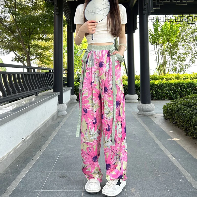 

Women Y2K Clothes Summer Chiffon New Straight Wide Leg Pants Thin Ice Silk Casual Flutter Mopping Trousers Korean Style 2023