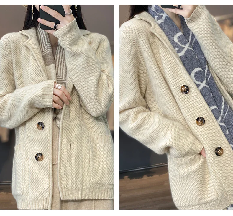 Autumn winter new thickened 100% pure wool cardigan women stand neck sweater sweater loose knit base sweater jacket