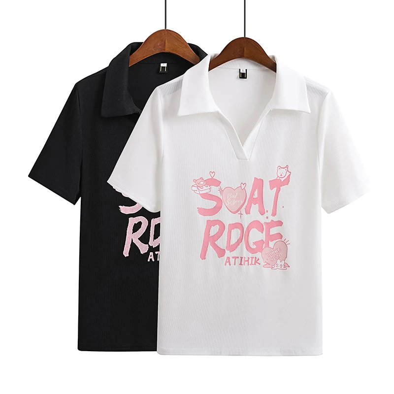 

Plus Size L-4XL Women POLO T Shirt 2023 Summer Short Sleeve Letter Print Y2K Tees Female Fashion Free Shipping Casual Clothing