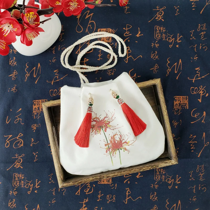 

Chinese Style Hanfu Purse Retro Bags Bamboo Lycoris Radiata Embroidery Handbag Cute Bag Drawstring Tassel Coin Purse Wallet Gift