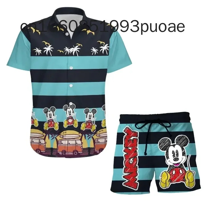New Mickey Mouse Summer Vacation Beach Hawaiian Shirt And Board Shorts Disney Fashion Short Sleeve Shirt Set 2