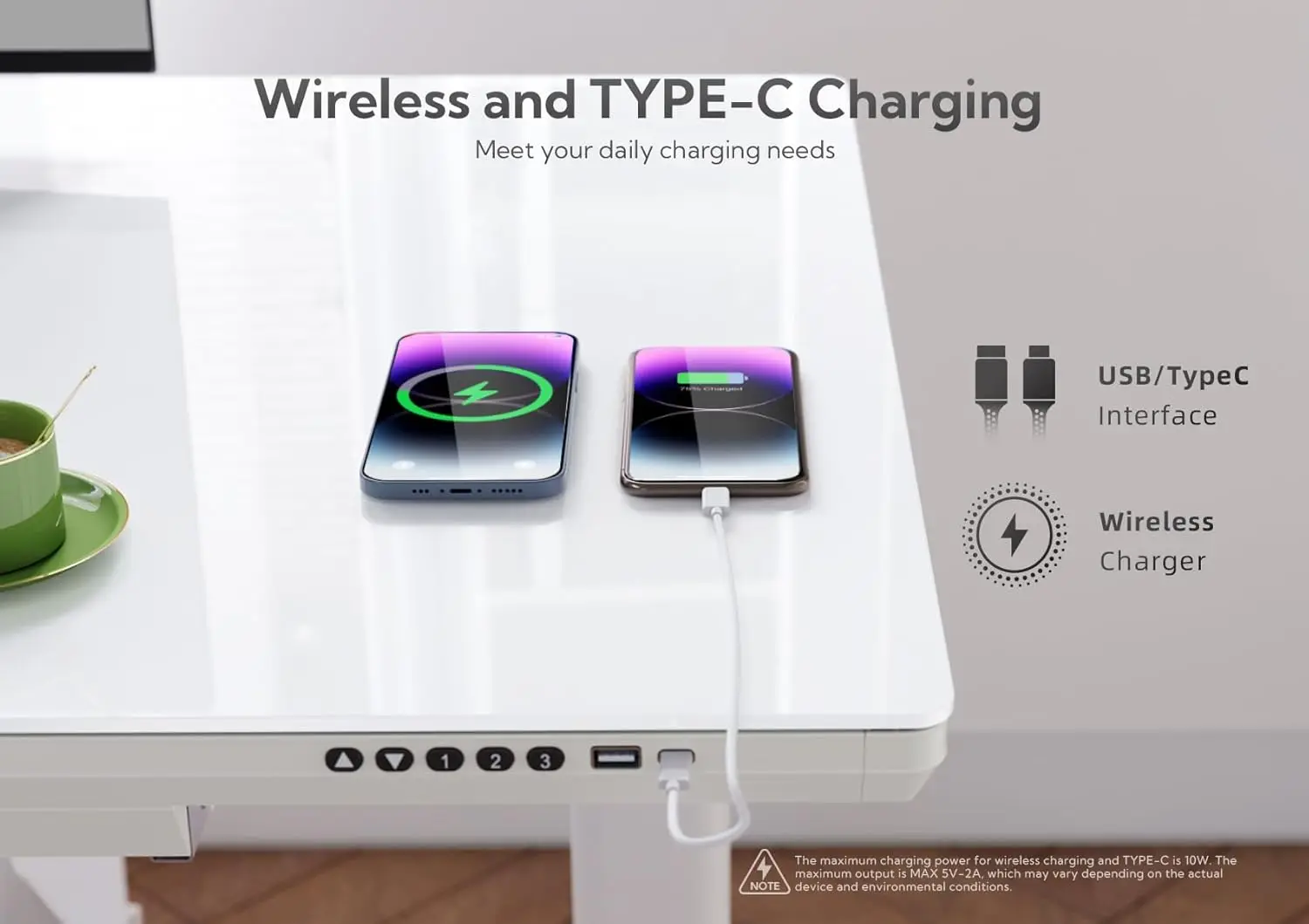 Wireless Charging Standing Desk with Drawers, Adjustable Height Electric Desk, 48 inch, Super White