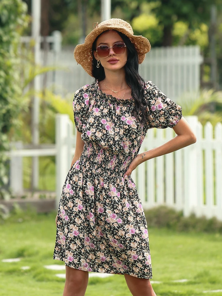 2025 Spring and Summer New Women's Random Printed Pullover Dress One Collar Midi Dress Beach Seaside Holiday 4