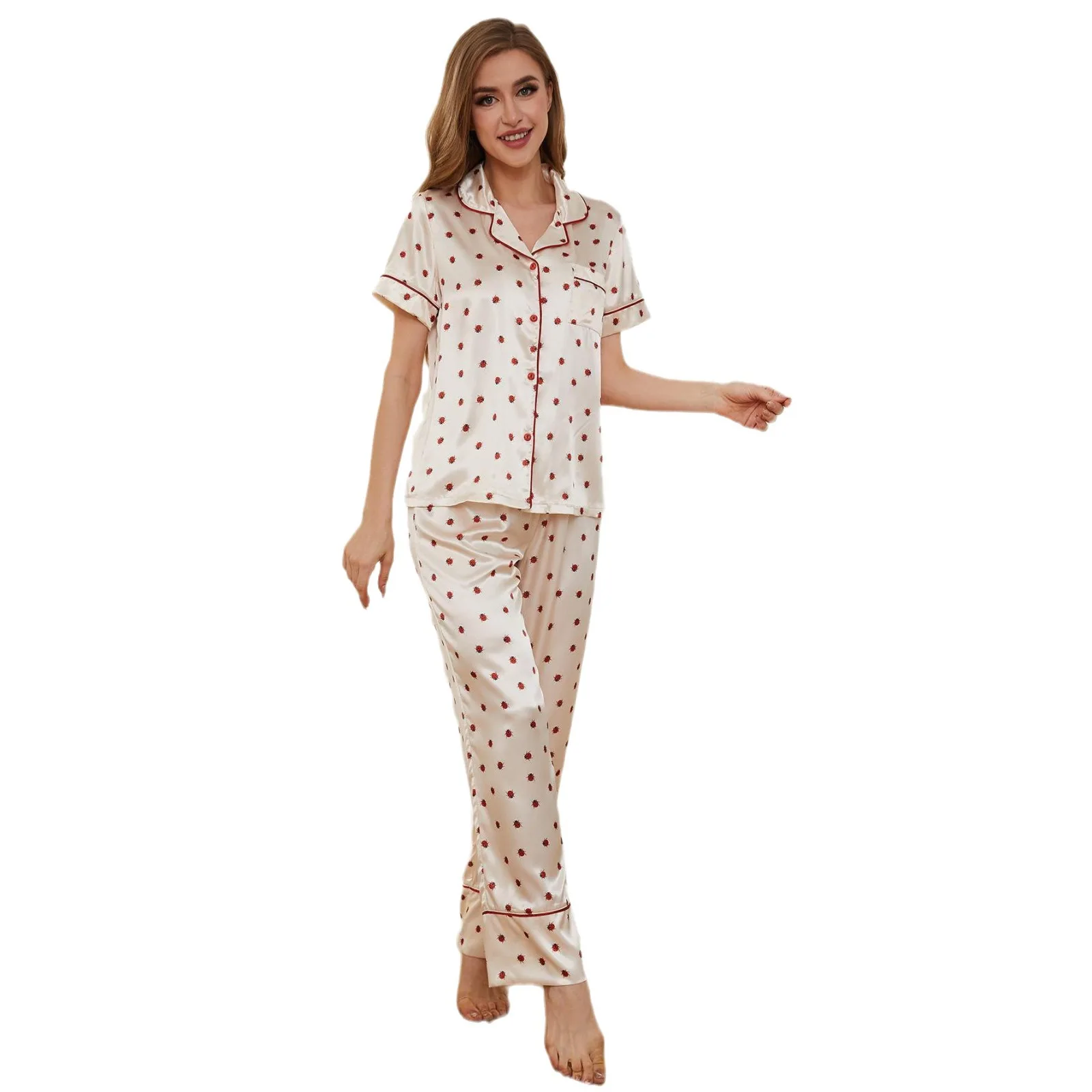 Pajama women summer thin ice silk short-sleeved trousers piping two-piece home clothes