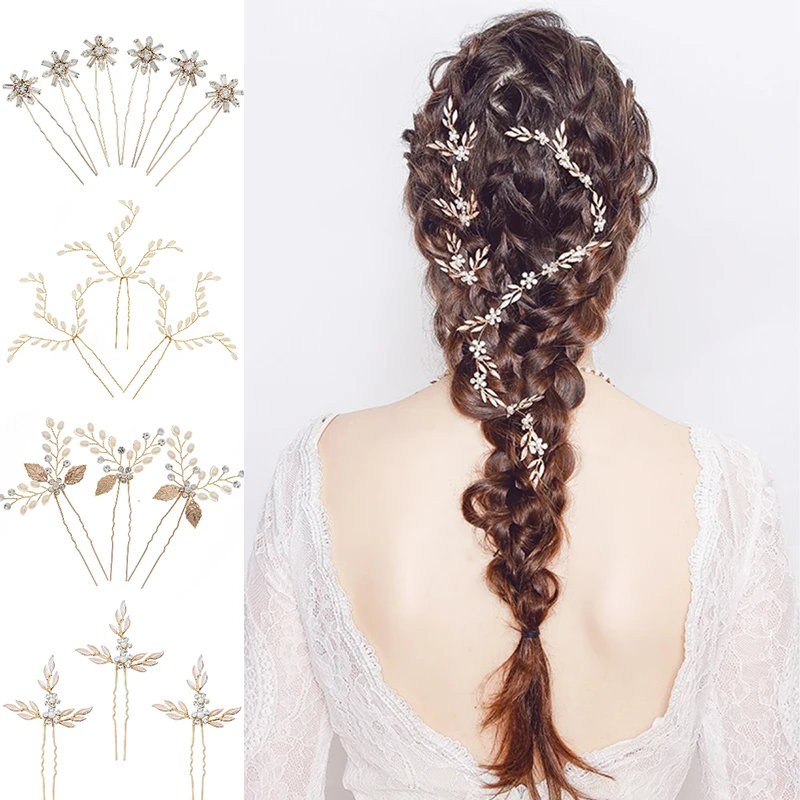 Fashion 6pcs/lot Bridal Hair Pin Flower Pattern Crystal Hair Combs Clear Rhinestones Stick Wedding Jewelry Accessories