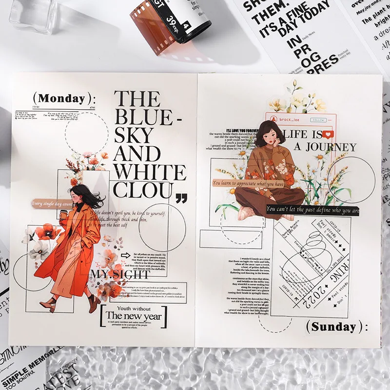 라이프 레버러토리 특수 오일 방수 PET 저널 테이프 영어 흑백 요소 박스형 접착 테이프 스티커 롤