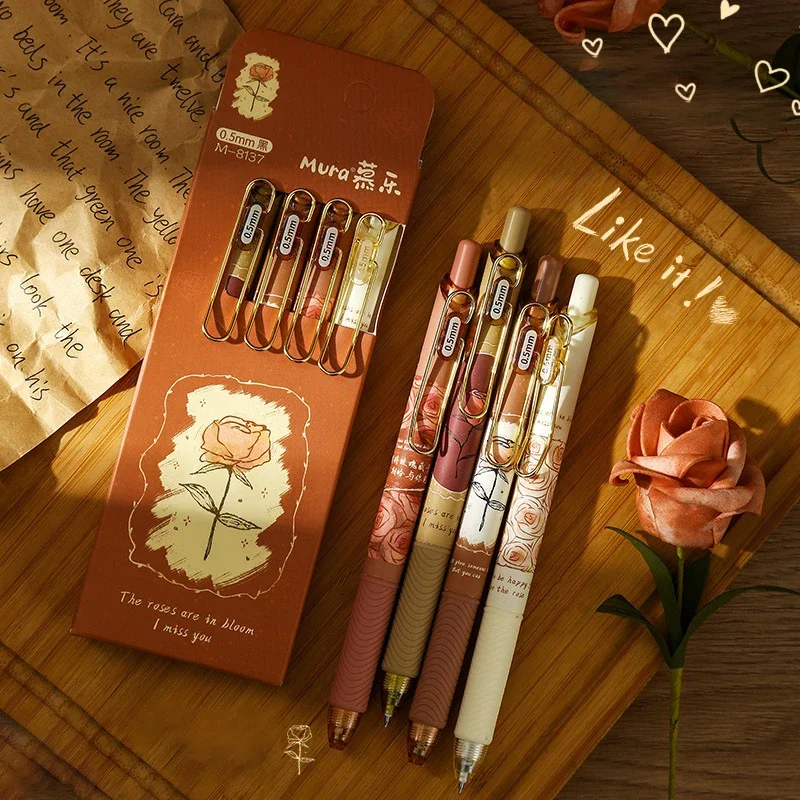 

1/4pcs Ins Exquisite Rose Series Press Neutral Pens 0.5mm Black Ink Retro Style Mechanical Gel Pen for Writing School Stationery