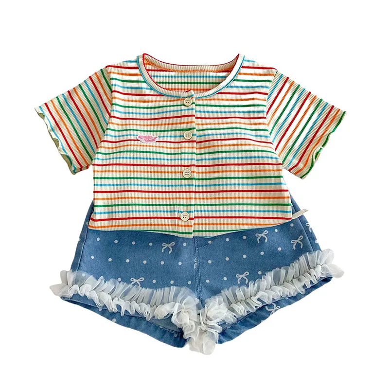 Girls Colorful Striped Short Sleeved Knitted Sweater