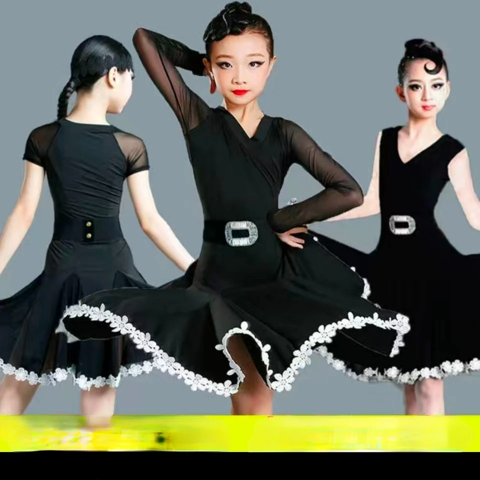 

Kids Short Sleeve Latin Rumba Dance Skirt Girls Modern Ballroom Party Stage Performance Competition Practice Costumes Suits F165