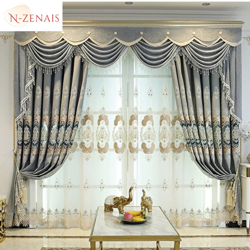 

European Embroidered Grey Hollow Luxury Curtains for Living Room Bedroom Dining Villa Partition Blackout Tulle Valance Window
