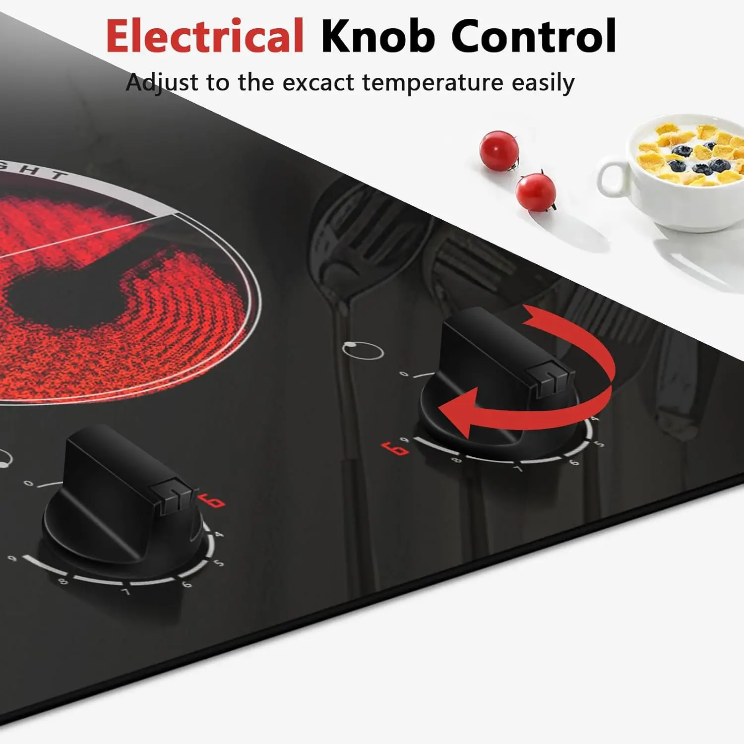 2 Burner Electric Cooktop-110v Countertop Electric Stovetop 2000W, 12 Inch Ceramic Stove with Residual Heat Indicator, Over