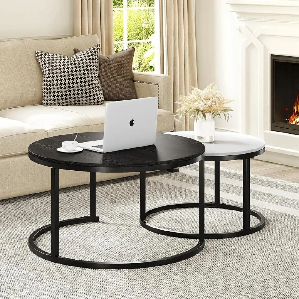 

Nesting Coffee Table Set of 2 Modern Round Stacking Circle Coffee Tables With Storage Black and WhiteFreight Free