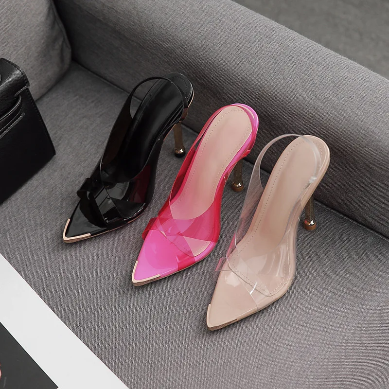 

New Summer Women's High-heeled Sandals Sexy Transparent Metal Pointed Toe Iron Heel Stiletto Sandals