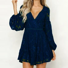 Sexy Women Lace Hollow Out Shirt Dress of Femmer Turn-down Collar Soid Party Dress Vintage Office Lady Ruffle Beach Dresses Robe 