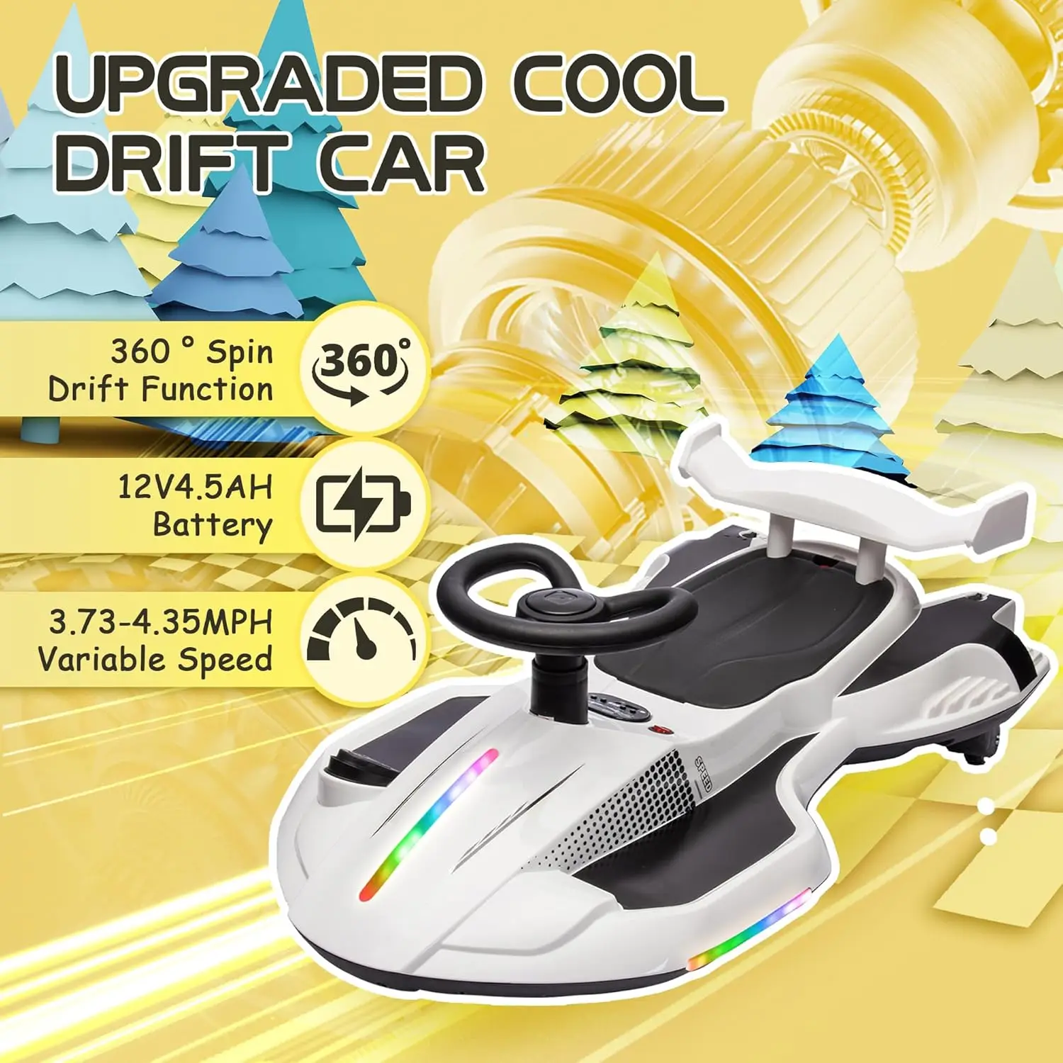 Wiggle Car with Pedal, 12V Kids Ride On Toy, 360 Degrees Rotating Drift Car for Kids with Spray Function, USB, Bluetooth, Music,