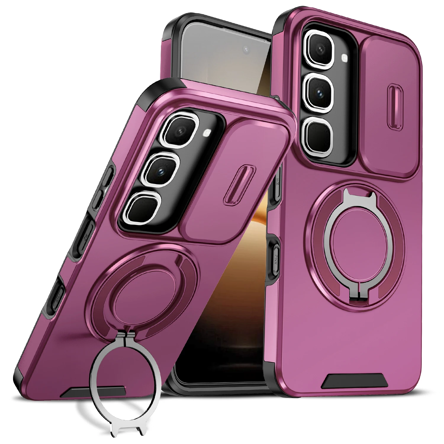 Armor  Magnetic Ring Bracket Case with Slide Lens Protection Cover